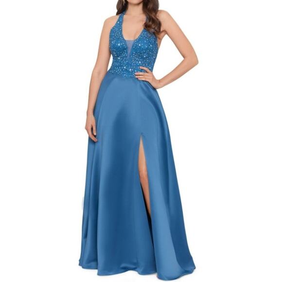 BLONDIE NITES SZ 11 juniors blue beaded slit maxi dress gown Nwt B144 *flaw - Picture 1 of 8